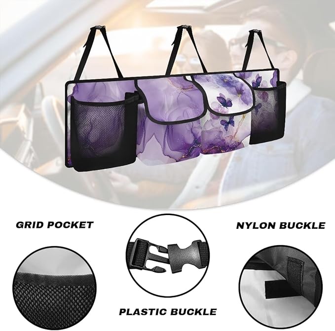 Car Trunk Organizer, Purple Butterfly Car Accessories Marble Car Organizer for SUV/Truck/MPV, Hanging Car Storage Organizer with 4 Pocekts, Frees Trunk Floor, Sturdy Space Saving Expert