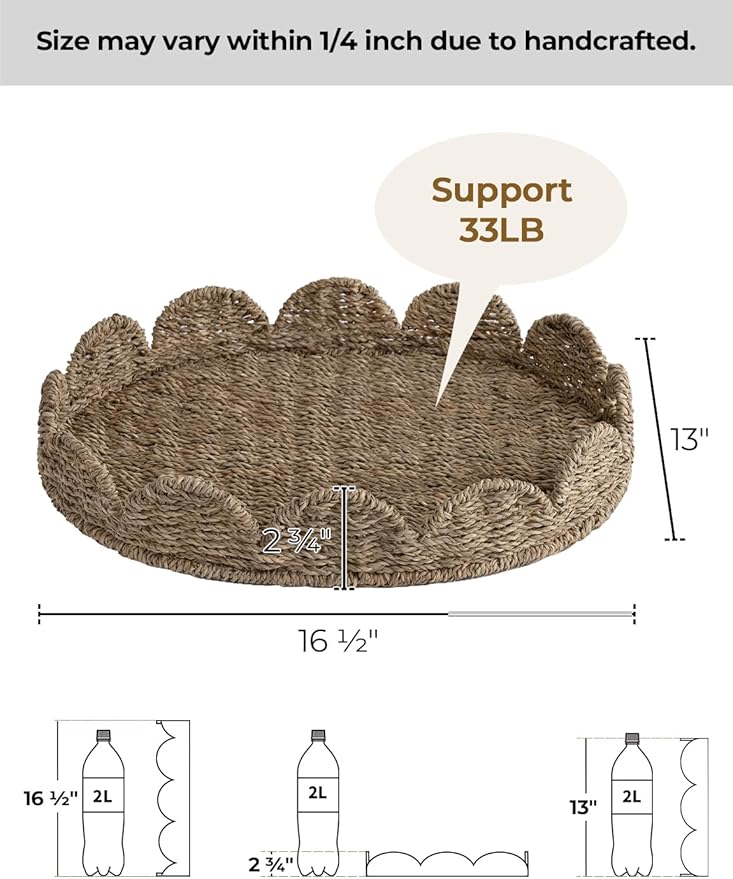 StorageWorks Scalloped Edge Wicker Serving Tray, Woven Rattan Table Trays with Handle, Wicker Tray for Room Décor, Seagrass Tray for Ottoman, Scalloped Organizer Trays