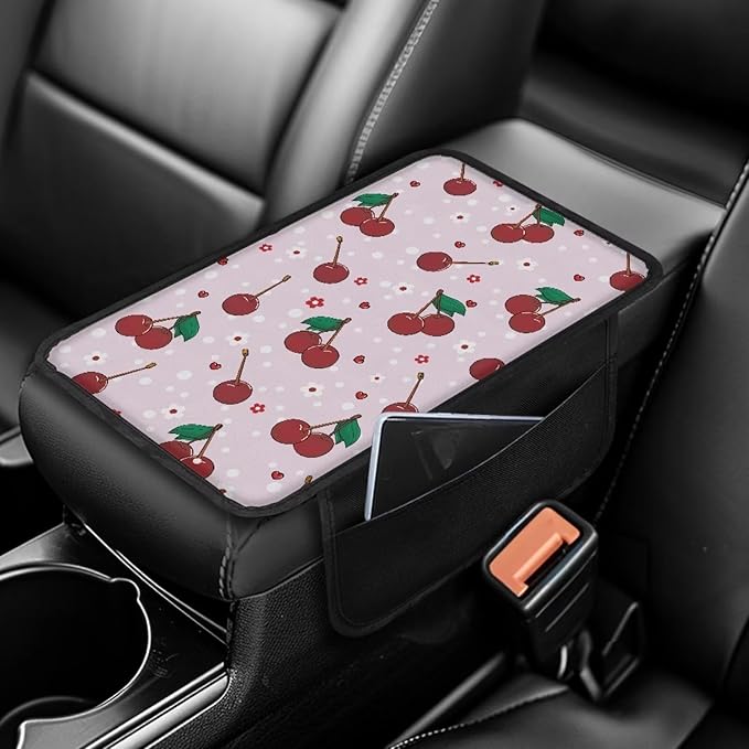 Dreaweet Car Armrest Cover Center Console Pink Cherry Car Accessories Center Console Covers with Pockets for Car SUV Truck Sedan,Cute Car Arm Rest Cushion Pad for Women