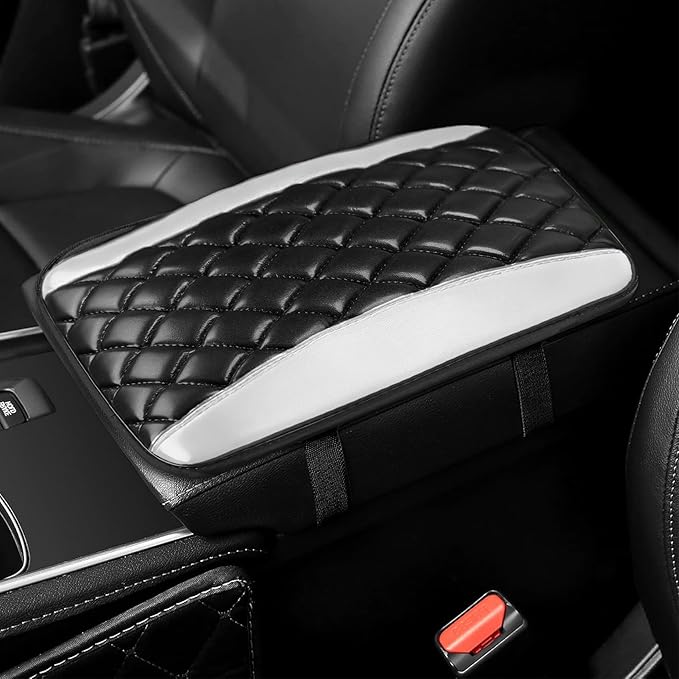 Car Center Console Cover, Leather Waterproof Armrest Seat Box Cushion Pad, Universal Decor Protector Mat, Comfortable Car Decor Accessories Fit for Most Cars, Vehicles, SUVs (White)