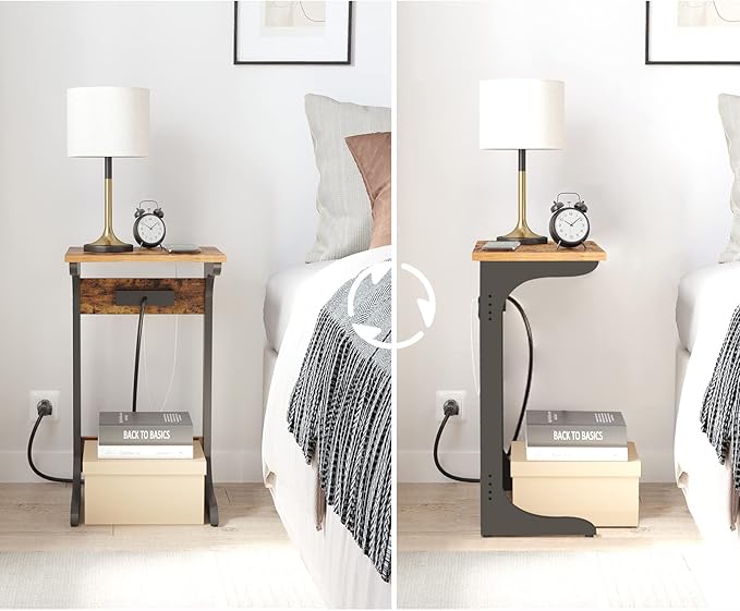 TUTOTAK C Shaped End Table with Charging Station, Side Table, Couch Table for Small Spaces, Tv Tray Table with 2 USB Ports and Outlets, Living Room, Bedroom V1TB01BB044