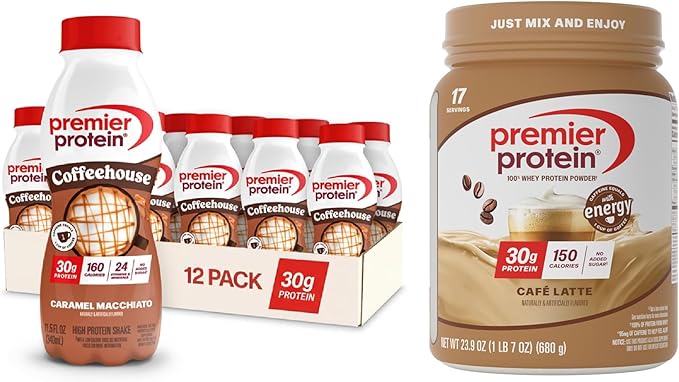 Coffee Lovers Bundle: Premier Protein Caramel Macchiato Protein Shake + Café Latte Protein Powder