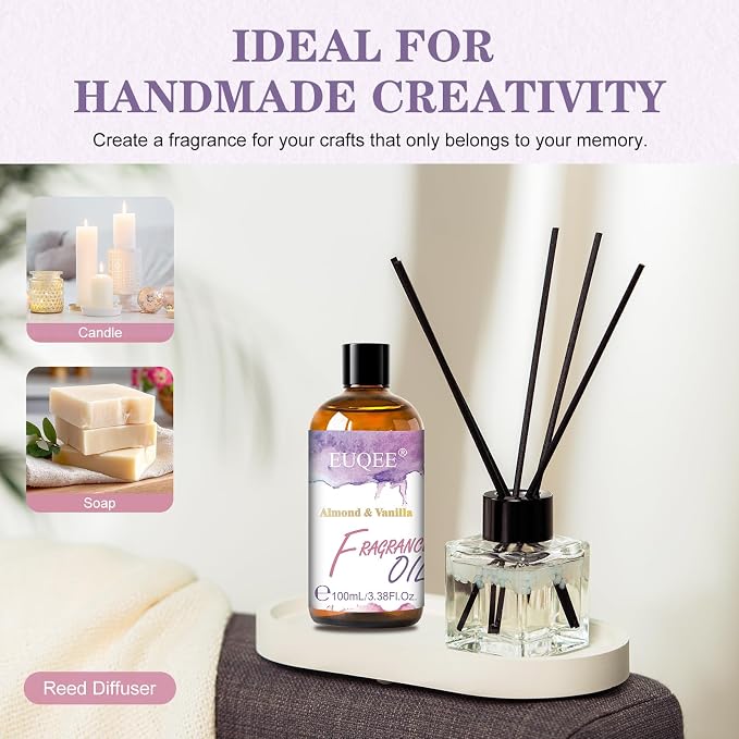 EUQEE Almond & Vanilla Fragrance Oil, 3.38 Fl oz/ 100ml Essential Oils for Diffuser for Home, Candle Making, DIY Soap with Glass Dropper