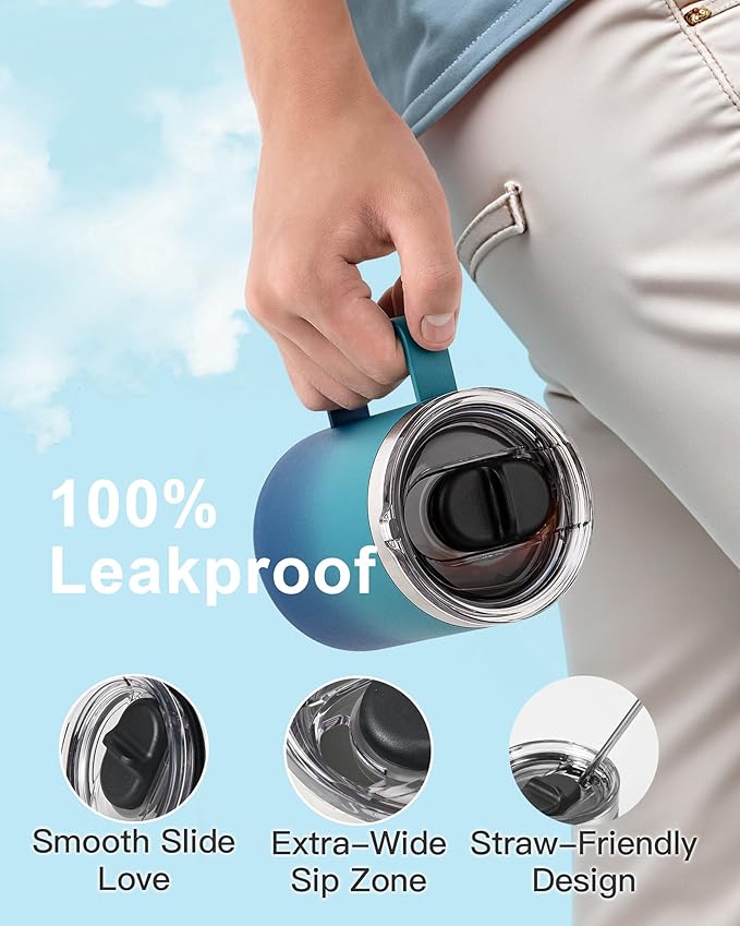 Insulated Coffee Mug 12 oz, Double Wall Stainless Steel Coffee Mug with Lids, Leak-Proof & Detachable Slider Lid for Thorough Clean, Keeps Coffee Cold for 9 Hrs, Suitable for Camp Home Office