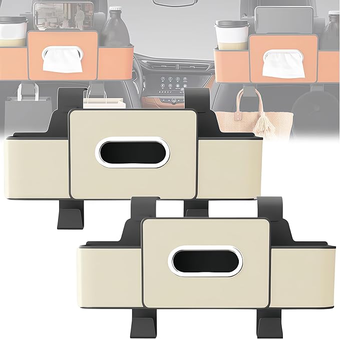 2026 Multifunctional Car Organizers and Storage Box with Drink Cup Holder Tissue Box, Backseat Organizers Hanging Storage for Hold Phone,Snacks, Drinks, Handbag, Most Vehicles (Beige-2)