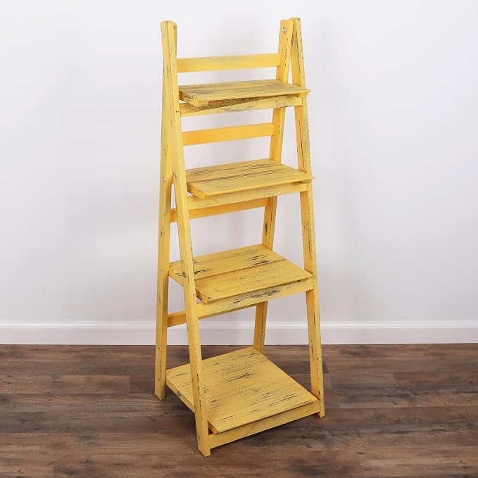 Distressed Ladder Shelf - Rustic Leaning Bookshelf for Home Decor (Gold)