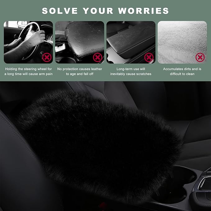 Furry Car Center Console Cover Pad, 11.8"×7.9" Auto Fluffy Plush Center Armrest Protective Cover, Comfortable Fuzzy Armrest Seat Box Protector Cushion for Cars Trucks SUVs (Black)