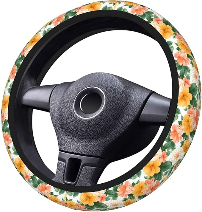 Pastel Peach Yellow Flowers Steering Wheel Cover for Women Men Girls, Accessories Decor Thickened Anti-Slip Auto Steering Wheel Covers Protector Universal Fit 15 Inch for Cars, Truck, SUV