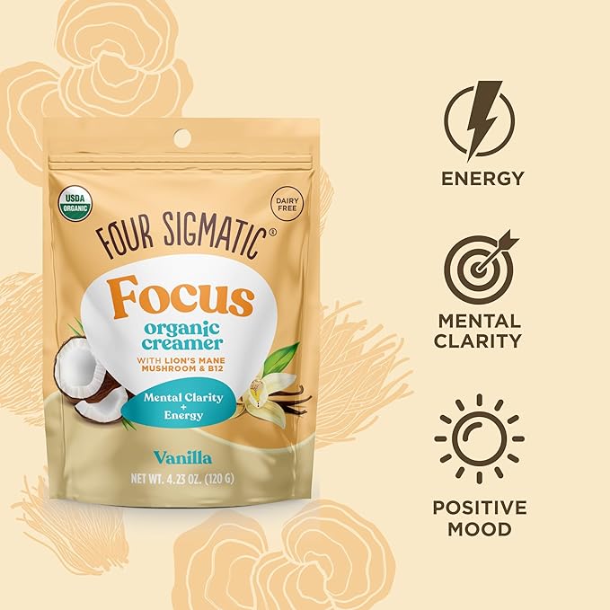 Four Sigmatic Focus Vanilla Coffee Creamer | Organic Non Dairy Coffee Creamer with Lion’s Mane and Vitamin B12 | Vanilla, 4.23 oz