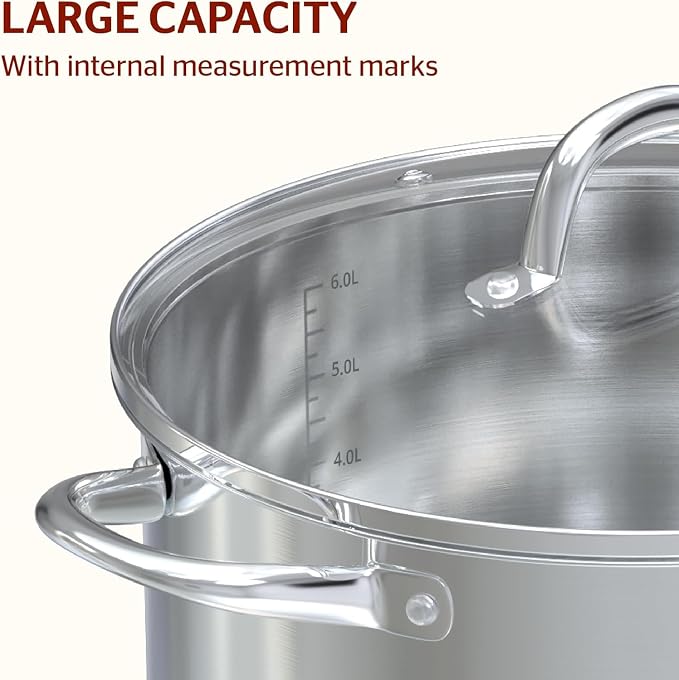 Sunhouse Stock Pot with Lid - 7 QT Large Pot for Cooking Pasta, Soup, Spaghetti - Impact Bonding Base Big Stainless Steel Pots for Canning, Boiling - Oven Safe & Induction Compatible Cookware