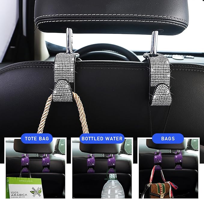 2 PCS Bling Car Seat Headrest Hooks, Crystal Rhinestone Back Seat Hanging Storage Organizer, Vehicle Seat Hanger Holder for Purse Handbag Coat, Interior Car Accessories (Purple)