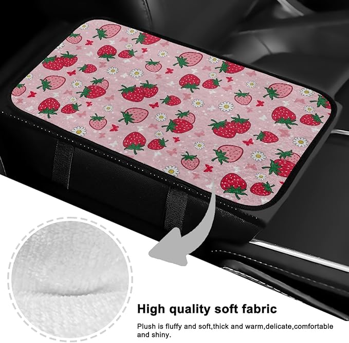 CLOHOMIN Strawberry Center Console Cover for Car Sedan Van Flower Car Center Console Cushion Pad Flannel Auto Armrest Cover Accessories