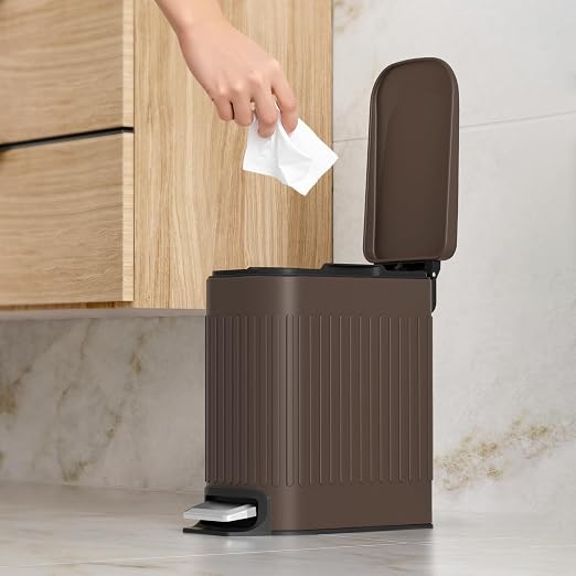 TrashAid Slim Bathroom Trash Can with Lid Soft Close, 6 Liter/1.6 Gallon Stainless Steel Small Garbage Can with Removable Inner Bucket, Step Pedal, Slim Wastebasket for Toilet, Office, Bedroom, Brown