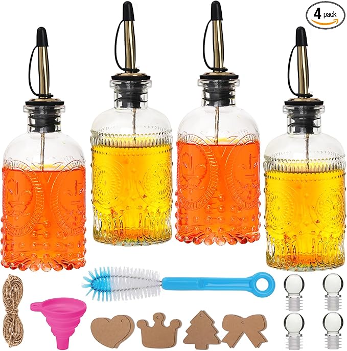 7oz Glass Coffee Syrup Dispenser, 4-Pack Complete Set with Funnel, Brush, Stoppers & Accessories - Syrup Bottles for Coffee Bar with Metal Pour Spout, Ideal for Maple,Oil, Vinegar,Cooking wine
