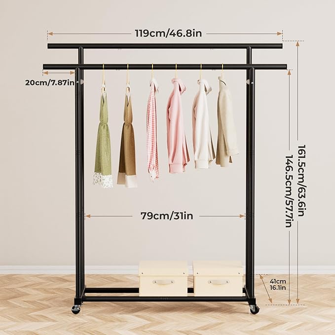 Abiglifty Double Rods Clothes Rack for Hanging Clothes, Clothing Rack with Wheels, Portable Closet Organizer for Laundry, Room (Black