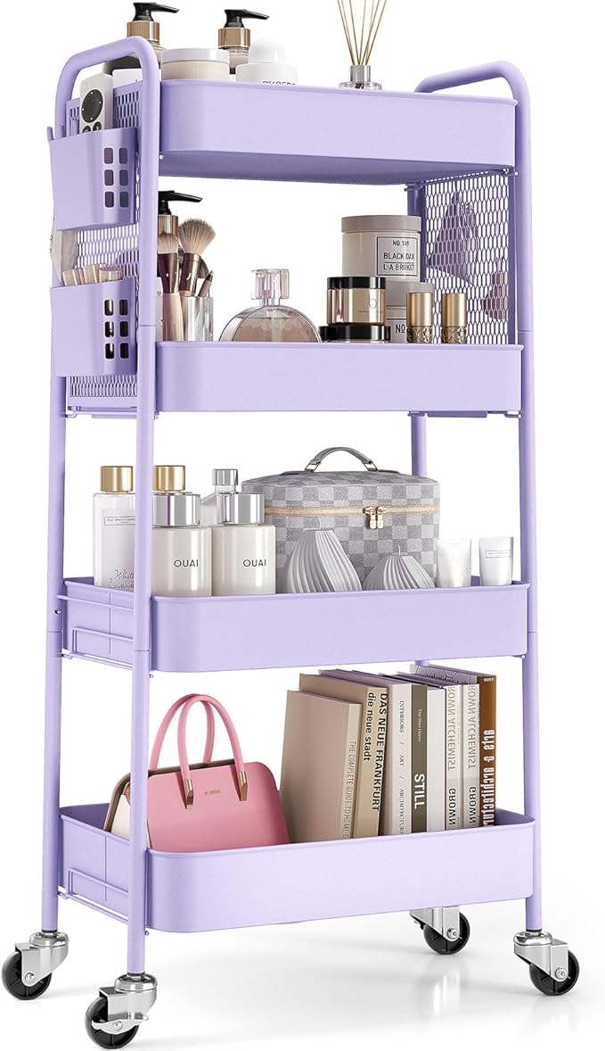 TOOLF 4 Tier Rolling Cart with Pegboard, Metal Storage Organizer Cart with Wheels, Hooks & Bins Esthetician Craft Art Sturdy Storage for Bathroom, Kitchen, Office, Nursery Diaper