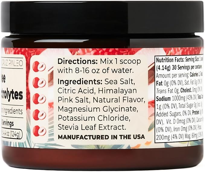 Santa Cruz Paleo Electrolyte Powder, Lychee Flavor, Sugar Free Hydration Drink Mix with Himalayan Pink Salt, Sea Salt, Magnesium Glycinate, Potassium Chloride, Sweetened with Stevia, 30 Servings