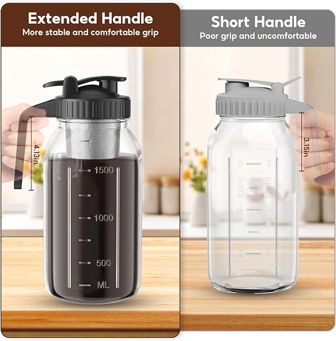2 Pack 64 oz Cold Brew Coffee Maker Jar - Thick Glass Cold Brew Maker with Handle, Stainless Steel Filter & Leak-Proof Lid, Cold Brew Pitcher for Iced Coffee,Tea and Milk (2 Quart / 1.9 Liter)