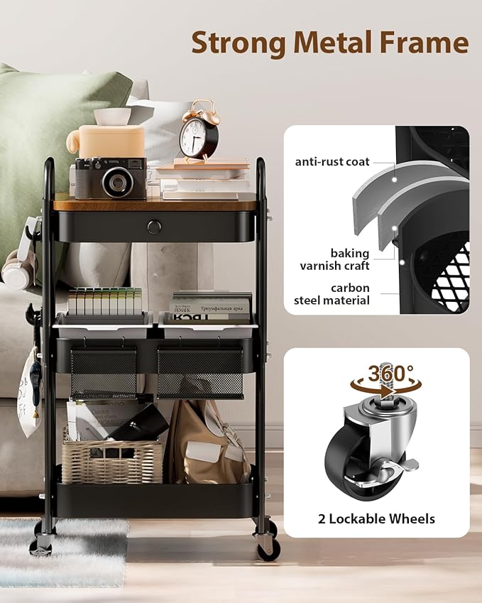 ALVOROG Rolling Cart with Drawer and Wood Table Top, 3 Tier Metal Rolling Utility Cart on Wheels with DIY Pegboards, Hanging Baskets, Hooks for Bedroom,Office,Craft Supplies (Black)