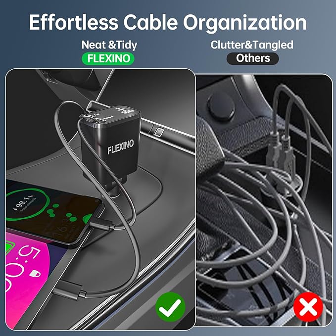 Flexino Retractable Car Charger for iPhone 16, 69W Fast Charging Car Charger USB C, Car Chargers with 2 Retractable Cords 2.6ft, Car Adapter for iPhone 16/15 Series, Galaxy(Grey, Dual Type C)