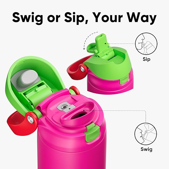 ENCOOL Leakproof Insulated Water Bottle with Straw Dual-Sip Water Bottle Bag-Safe Design for Work, Commute & Gym – Keeps Drinks Cold All Day, 18 oz, Neon Pink