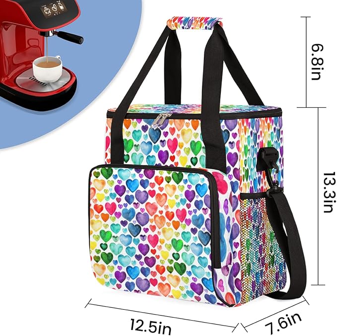 Watercolor Rainbow Hearts Pattern Coffee Maker Carring Bag Travel Storage Tote Bag Compatible with Keurig K-Mini or K-Mini Plus Portable Single Serve Coffee Brewer Case with Pockets for K-cup Pods