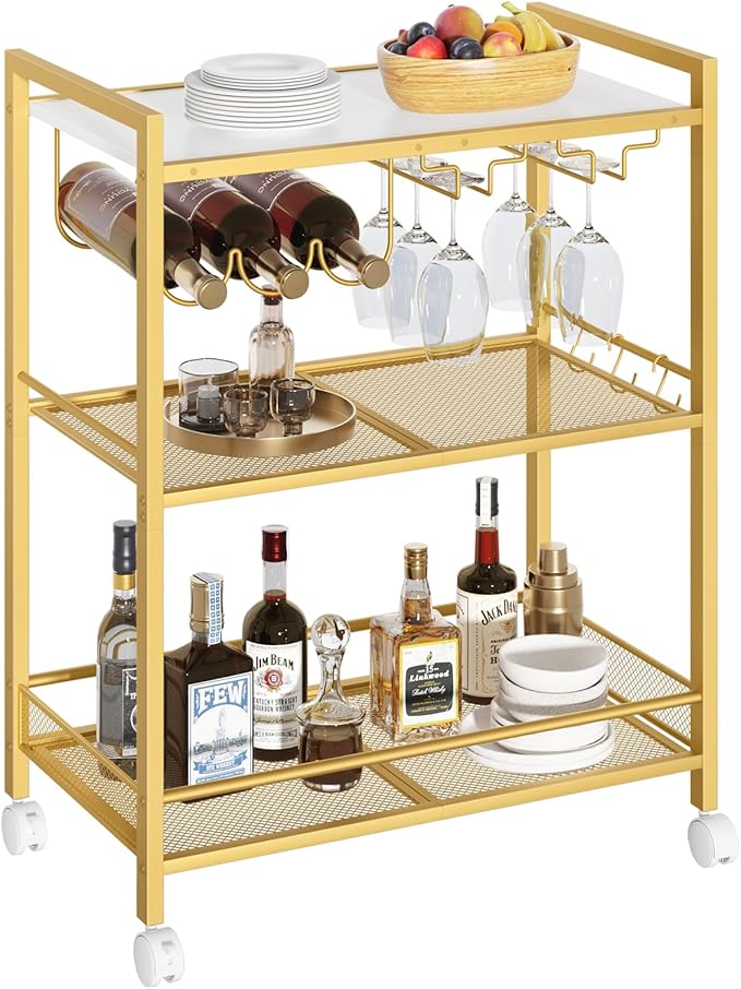 Bar Cart, Home Bar Serving Cart with 3-Tier Shelf,Microwave Cart with Lockable Wheels,Mobile Kitchen Shelf,Rolling Beverage Cart with Wine Rack and Glass Holder for Kitchen,Dinning Room,Gold