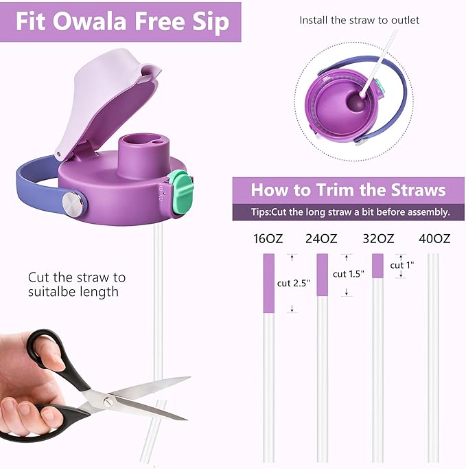 2 IN 1 Replacement Lid for Owala Freesip, Compatible with Owala Cup 16oz 24oz 32oz 40oz, One Button Water Bottle Top Lid Replacement Accessory and Straws, Leakproof, BPA-Free, Purple Pink