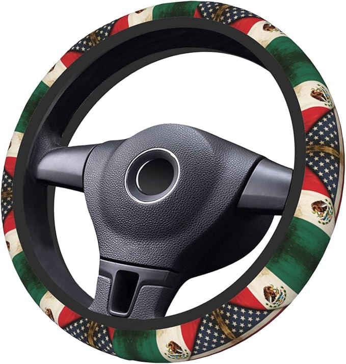 Mexican America Flag Print Universal Fit Steering Wheel Cover for Car, Truck, and SUV, Durable Steering Wheel Protection
