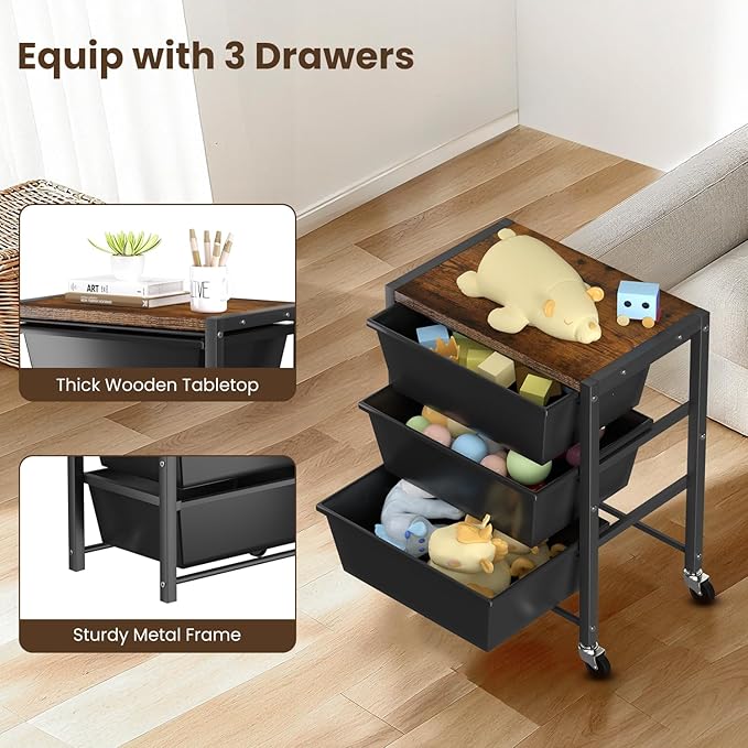 Rolling Cart with 3 Drawers, Plastic Drawer Storage Carts with Lockable Wheels & Wooden Tabletop, Metal Utility Cart Organizer, Office Bedroom Classroom Craft Organization and Storage, Dark Black