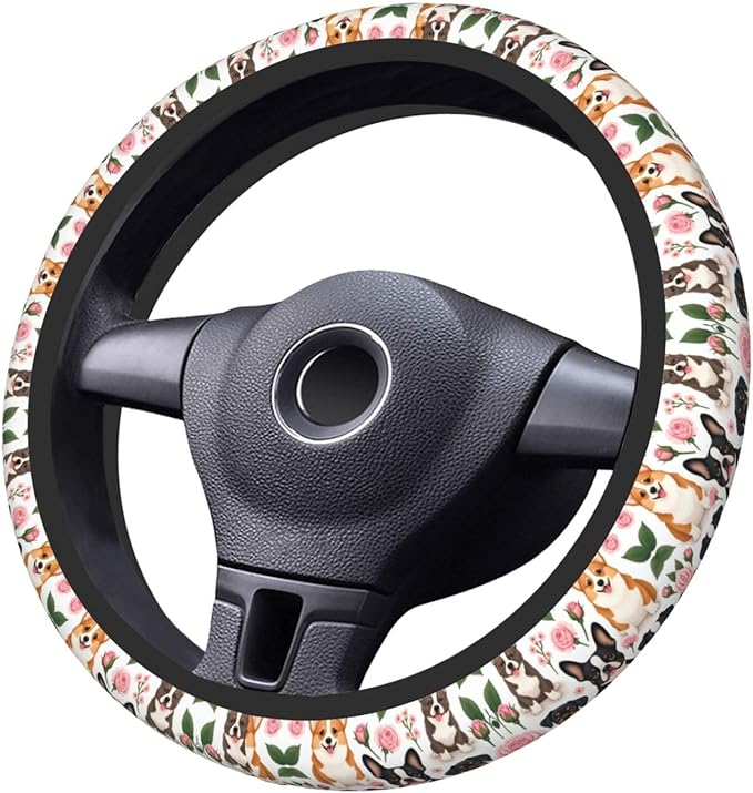 Cute Dogs Neoprene Steering Wheel Covers Women Men Car Accessories, Universal 15 Inch Fit Auto, Suvs, Truck