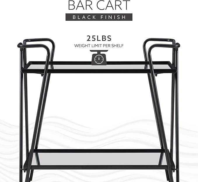 Gina Black Mid Century Bar Cart with Mirrored Shelves by Linon