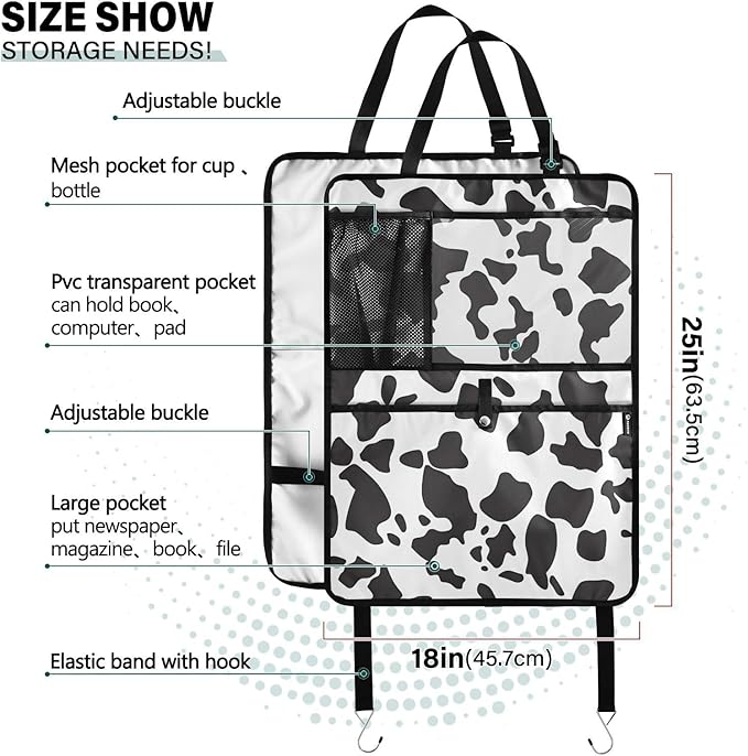 JIPONI Car Backseat Organizer, Cow Print 3 Automotive Back Seat Protector, Kick Mats with Storage Pockets for Kids Pets, Road Trip Accessories (2 Pack)