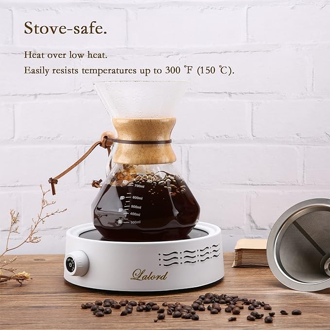 Pour Over Coffee Maker with Reusable Stainless Steel Filter, 27 oz Borosilicate Glass Coffee Carafe, Wooden Collar, Coffee Maker Carafe, Hold 4-6 Cups, 800 ml, Clear