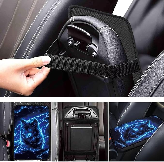 Lightning Wolf Car Center Console Cushion Pad Decorative Non Slip Armrest Box Cover Center Console Pad Blue Wolf Automotive Interior Decoration for Truck Sedan SUV
