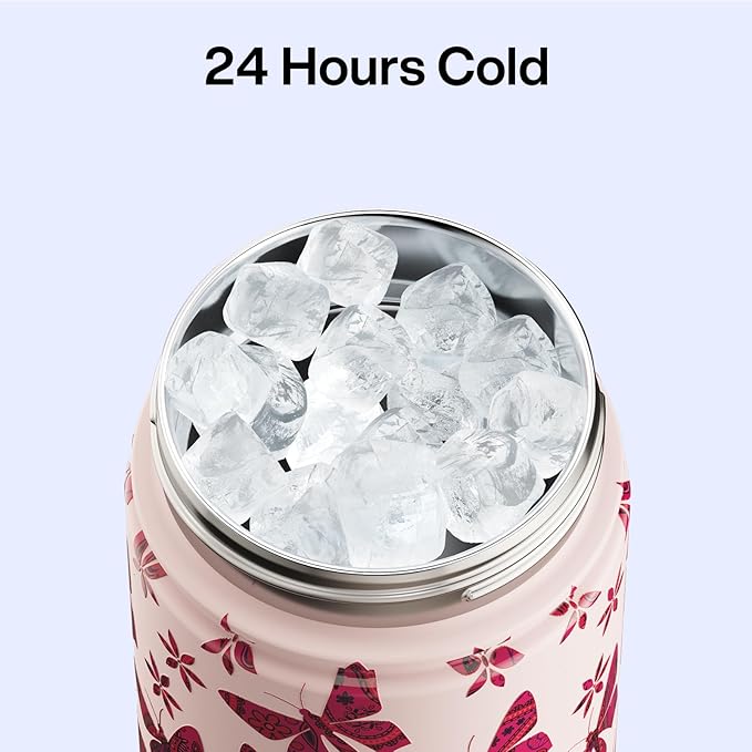 ENCOOL Insulated Water Bottle with Straw Stainless Steel Water Bottle, Leak-Proof, BPA-Free, Double Wall Vacuum Keeps Cold for 24 Hours for Sports, Travel, School (26 oz, Petal Butterfly)