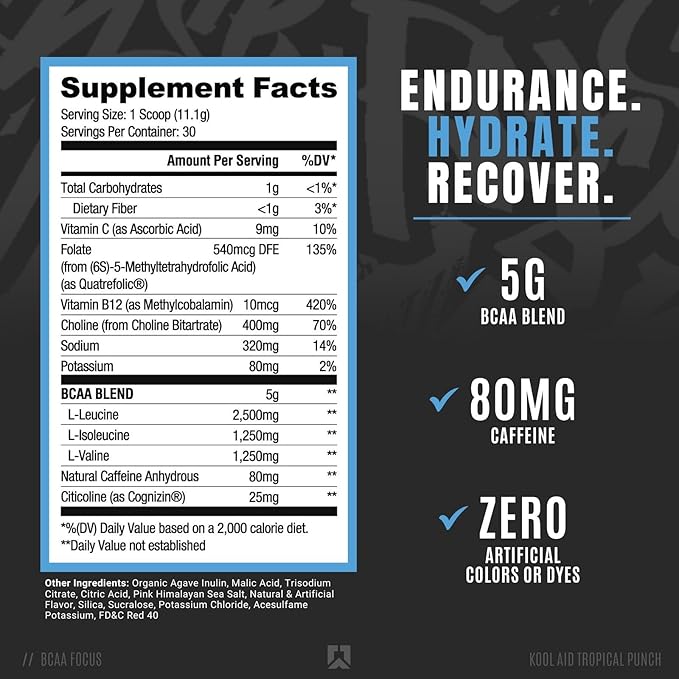 RYSE BCAA Focus Powder - Kool-Aid Tropical Punch - BCAA Supplement with Electrolytes, Natural Caffeine & Cognizin Supports for Hydration, Recovery, Energy, and Focus for Men & Women - 30 Servings
