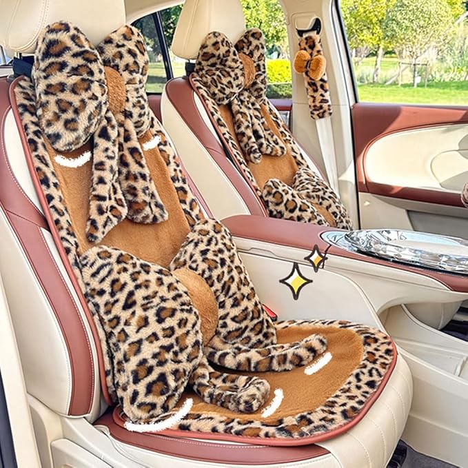 2 Pack Leopard Print Bow Car Headrest Pillow, Comfortable Soft Head Rest Cushion Universal Kawaii Car Accessories Neck Pillow for Driving Travelling Office Home Decor