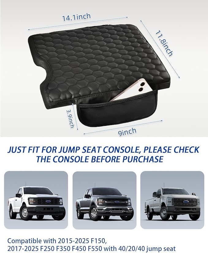 Center Console Cover Compatible with 2015-2025 Ford F150, 2017-2025 F250 F350 F450 with 40/20/40 Jump Seat, Leather Armrest Cover Middle Console Cover with Two Side Pockets (Jump Seat Only)