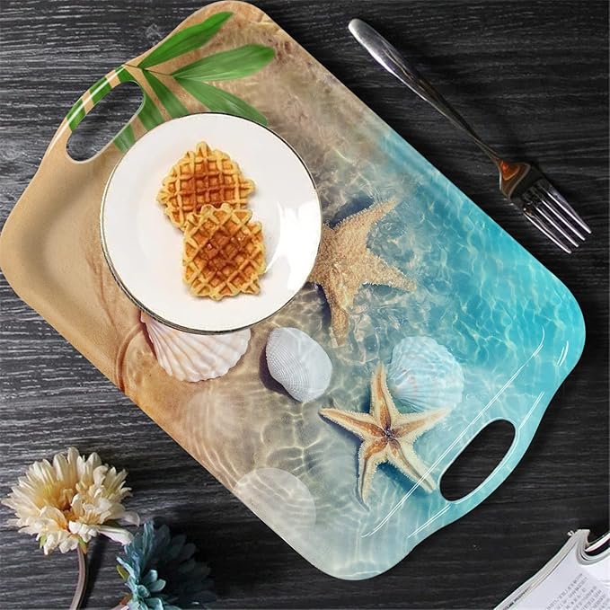 Serving Tray Decorative Tray with Handles Multi-Purpose Rectangular Serving Trays for Restaurant, Parties, Coffee Table, Kitchen - Starfish Beach