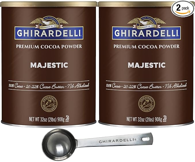 Ghirardelli Majestic Premium Cocoa Powder, 32 Ounce Can (Pack of 2) with Ghirardelli Stamped Barista Spoon