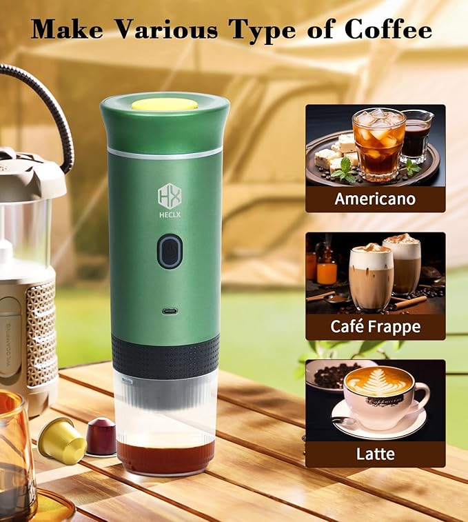 Coffee Maker Gift Set for Camping,Battery Powered Portable Electric Espresso Machine, Rechargeable Coffee Maker Self Heating Ground Coffee Capsule for RV, Hiking (Green mix Black)