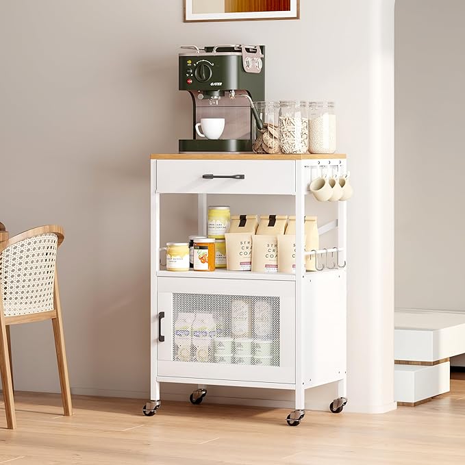 Homeiju Kitchen Island Cart, Kitchen Storage Cart with Drawer, Microwaves Stand, Coffee Cart, Rolling Kitchen Cabinet Cart with Hooks for Kitchen, Dining Room, White