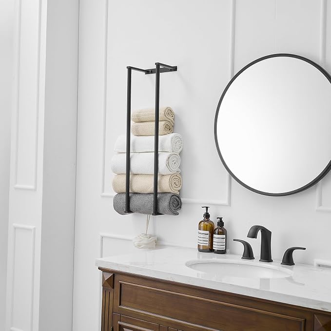 BWE Matte Black Towel Racks for Bathroom, 28" Stainless Steel Bathroom Towel Holder for Rolled Towels, Wall Mounted Towel Storage for Bathroom with 2 Hooks, 6 Large Bath Towels Capacity