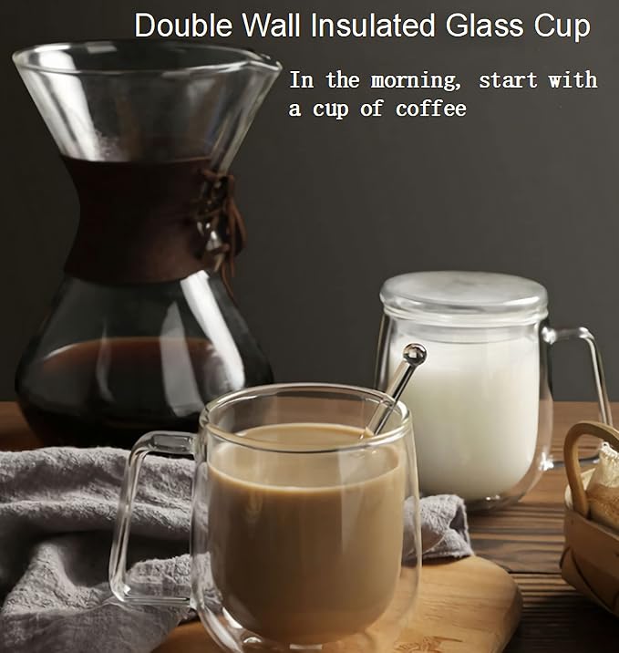 KNC Borosilicate Glass Coffee Mug with Lid Handle,12 oz Double-wall Insulated Milk coffee Cup, Thick Expresso Coffee Cups For Americano, Latte, Espresso, Cappuccinos Beverage and Tea, Clear