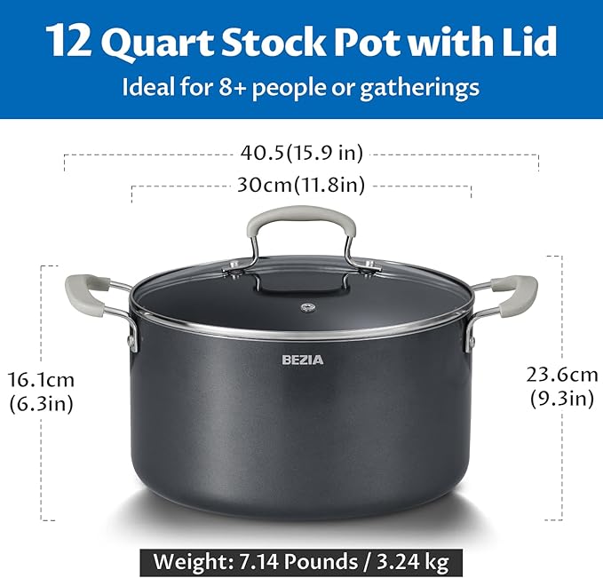 12 Quart Nonstick Stock Pot with Lid, BEZIA Ceramic Big Soup Pot for Holiday Feasts, Cooking Pot with Stay-Cool Silicone Handle, Easy Cleanup, Perfect for Large Gatherings, Gift Giving & Batch Cooking