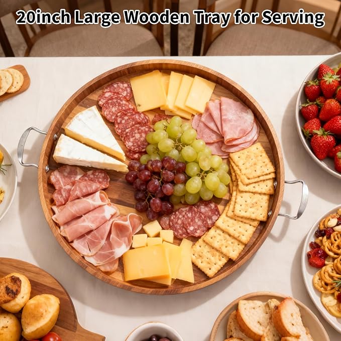 Large Round Tray 20" Round Wooden Tray Ottoman Tray with Handles Elegance and Easy to Pick Up, Tray for Ottoman Wood Serving Tray Decorative Trays for Daily Use and Party with Friends and Family