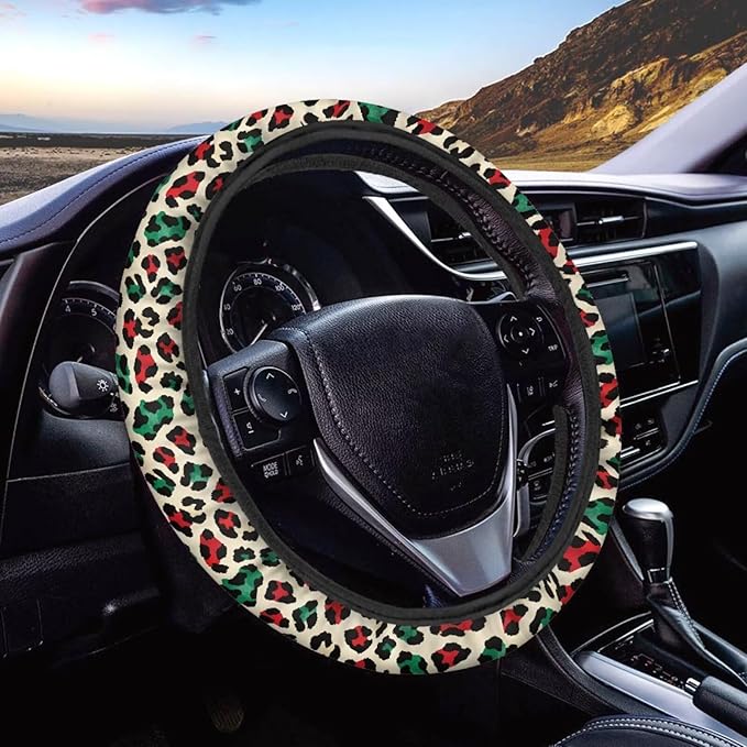 Universal Non-Slip Steering Wheel Cover, 15-inch Polyester Material Driving Accessories, Adjustable for Car and Truck(Artistic Red Green Leopard)