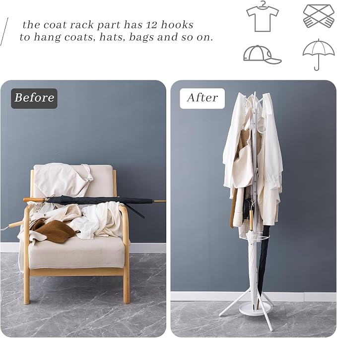 Kitsanery Coat Rack Freestanding,Metal Coat Tree with Umbrella Holder,Hat and Coat Rack Stand for Entryway, Hallway, Living Room, Bedroom (White)