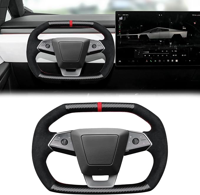 Steering Wheel Cover for Cybertruck Hand Stitching DIY Steering Wheel Cover Black with Dark Purple Center Mark (Upper Lower Carbon Fiber & Alcantara Side Grips)